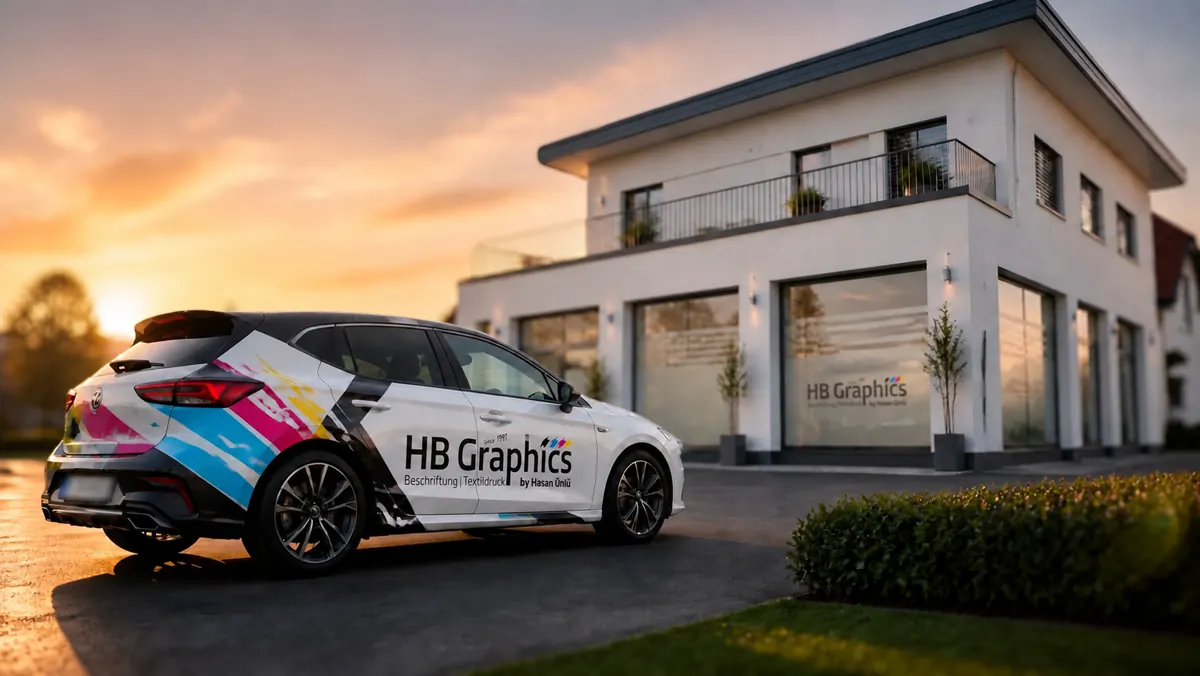 Fahrzeugbeschriftung Nachher – professionelle HB Graphics Folierung mit Logo und CMYK-Design