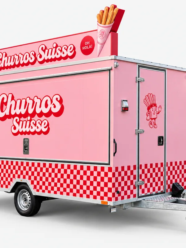 Churros Suisse Foodtruck Vollfolierung pink Retro Fahrzeugbeschriftung Solothurn HB Graphics