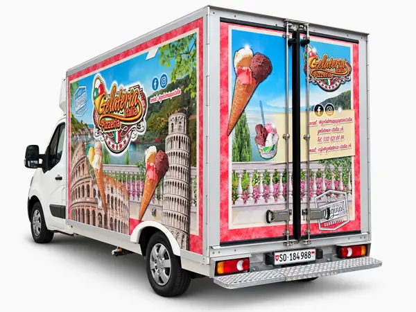 Gelateria Pizzeria Italia Foodtruck Fotodruck und Verkaufsanhänger Folierung Solothurn