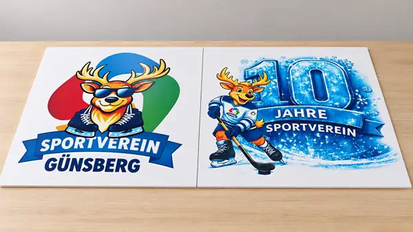 Sportverein Günsberg 10 Jahre Jubiläum Schilder Digitaldruck Maskottchen